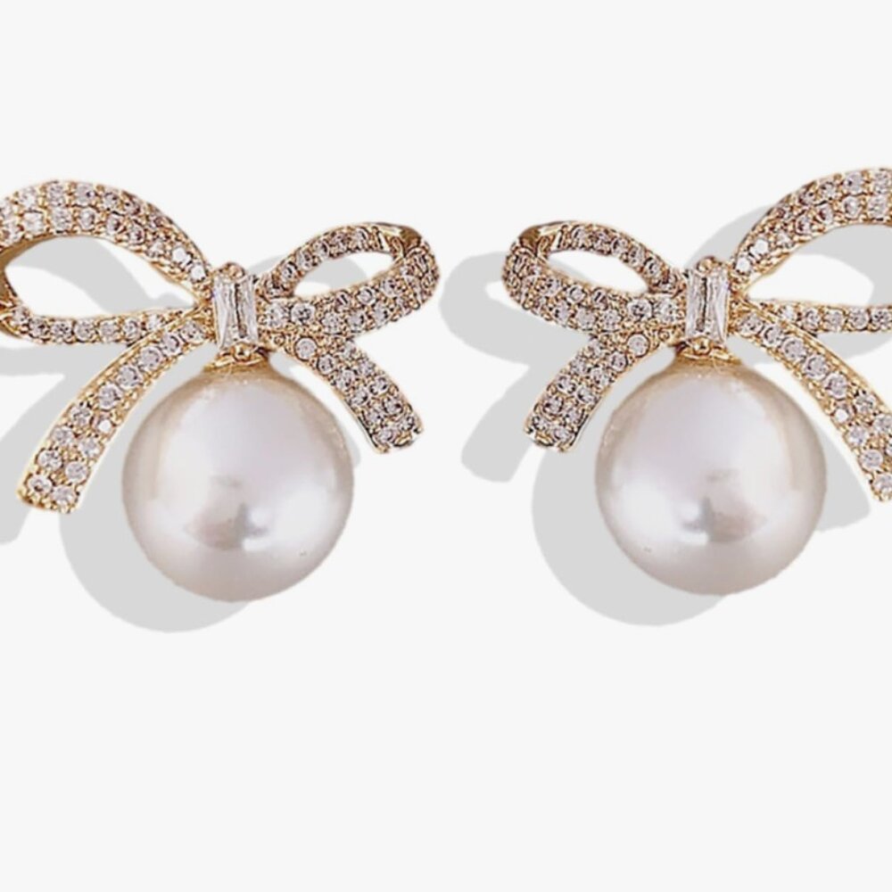NEW! Christmas Bow Rhinestone Pearl Earrings